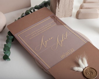 Brown Wedding Invitation: Acrylic Design, Dried Flowers, Gold Foil, Wax Stamp - Elegant and Timeless