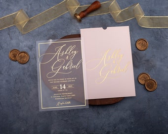 Blush &amp; Gold Foil Acrylic Wedding Invitation, Pink Pocket Envelope