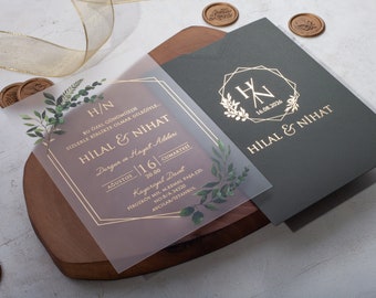 Invitación de boda acrílica con motivos vegetales, hojas de lámina dorada, sobre verde esmeralda, tarjeta de Nikkah musulmana.