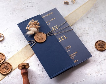 Navy Blue - Gold Foil Acrylic Wedding Invite Box, Folded Navy Blue Wedding Invitation with Wax & Dried Flowers.