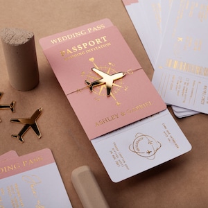 Hochzeit-Einladung: Passport-style, Pink & Gold Foil, Boarding Pass, Wedding Pass