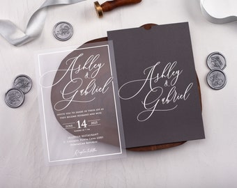 Silver Foil Acrylic Wedding Invitation, Transparent Gray Card