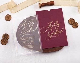 Acrylic Wedding Invitation, Burgundy and Gold Foil with Pocket Envelope