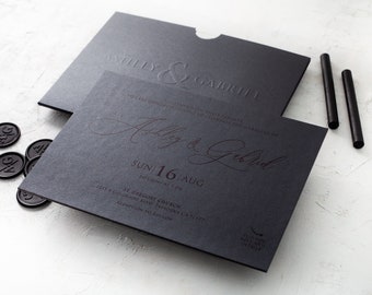 Embossed Black Wedding Invitation with Foil, Elegant Reception Set, Thick Print Invite in Black