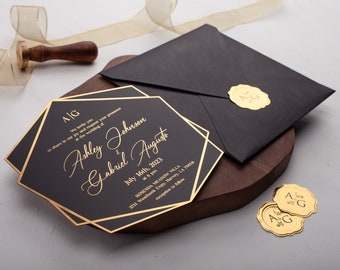 Black & Gold Foil Acrylic Wedding Invitation Card with Printed Details