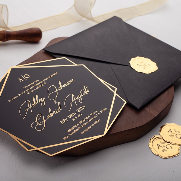 Black & Gold Foil Acrylic Wedding Invitation Card with Printed Details