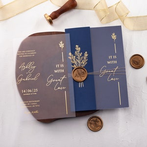 Navy Blue & Gold Foil Acrylic Wedding Invitations with Folded Envelope, Custom Wax Seal