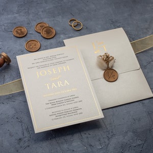 Dried Flowers, Ivory & Gold Foil Wedding Invitations with Wax Seal - Elegant Wedding Invites featuring Dried Flowers