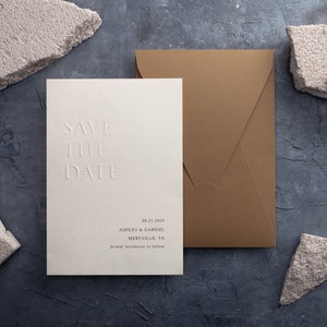 Minimalist Emboss Save The Date Card with Letterpress Design on Ecru Envelope