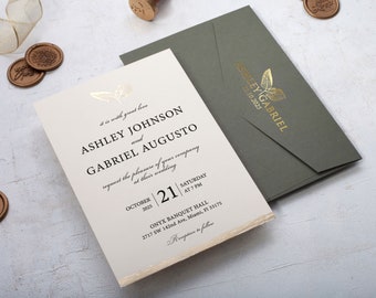 Khaki Green & Gold Foil Wedding Invitation – Elegant Minimalist Design with Ivory Details