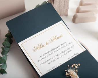 Emerald Invitation, Gold Foil Printed Ivory Wedding Invitation with Green Envelope and Wax Seal, Dried Flowers, Gold Foil Frame, Green Suite