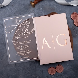 Invito a nozze in acrilico in rosa e oro rosa, invito personalizzato con elegante stampa in lamina d&#39;oro rosa