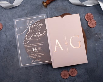 Acrylic Wedding Invitation, Dusty Pink Rose Gold Foil, Clear Invite with QR Code and Pink Pocket