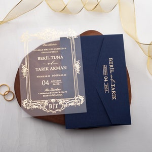 Gold foil print on acrylic wedding invite, navy blue envelope, transparent acrylic reception invitation - a touch of luxury