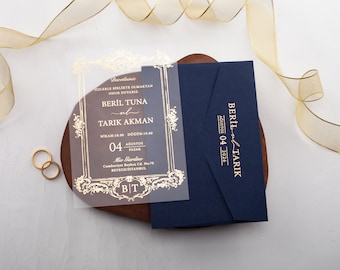Acrylic Wedding Invitation, Gold Foil Navy Blue Envelope, Royal Blue Quinceanera Invite