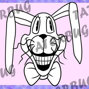 May include: Black and white line art illustration of a rabbit with a bow tie and a wide, toothy grin. The rabbit's eyes are large and round, and its ears are long and floppy.