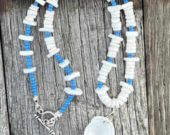 Dainty blue & White Seashell Necklace, Beaded Beach Choker, Coastal Style Jewelry