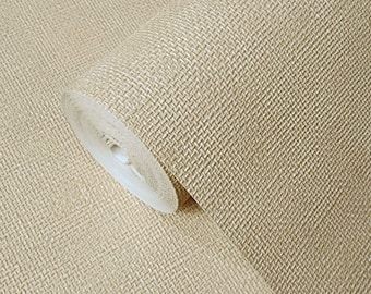 Modern sand beige faux woven sack fabric textured plain contemporary wallpaper