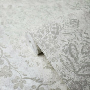 Wallpaper off White Satin Cream Concrete Textured Faux Plaster Vintage ...