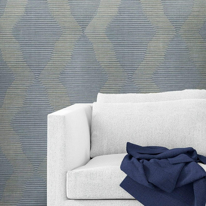 Textured Wallpaper Blue Gray Gold Diamond Stripes Pattern Faux Etsy