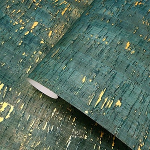 real natural cork Wallpaper green gold metallic striped textured wallcoverings