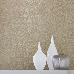 Victorian Damask Coffee beige Tan Cream Metallic Textured Embossed Wallpaper 3D