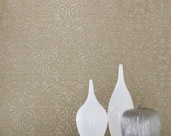 Victorian Damask Coffee beige Tan Cream Metallic Textured Embossed Wallpaper 3D