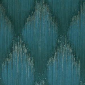 May include: Teal-colored wallpaper with a textured, vertical grain pattern. The design features a repeating pattern of stylized, inverted chevrons in varying shades of teal and white, creating a visual texture.