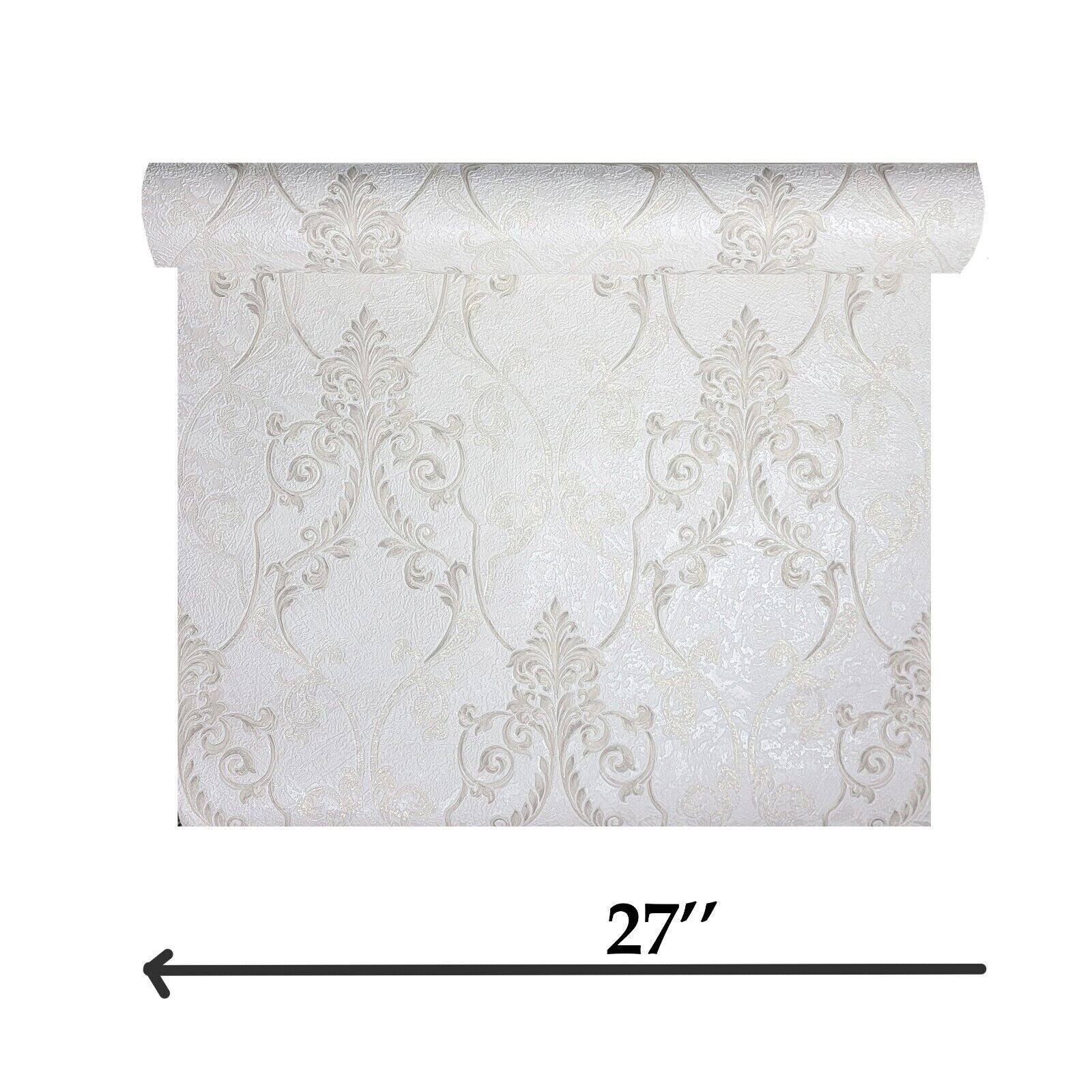 Ivory off White Brass Gold Metallic Victorian Damask Textured Wallpaper ...