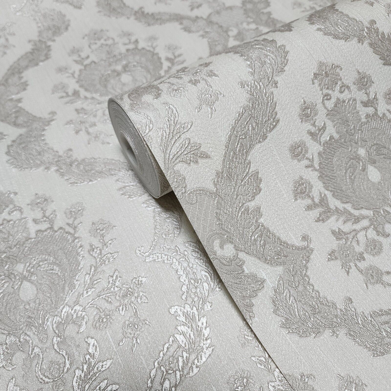 Embossed Grayish Cream off White Textured Victorian Faux Fabric Damask ...