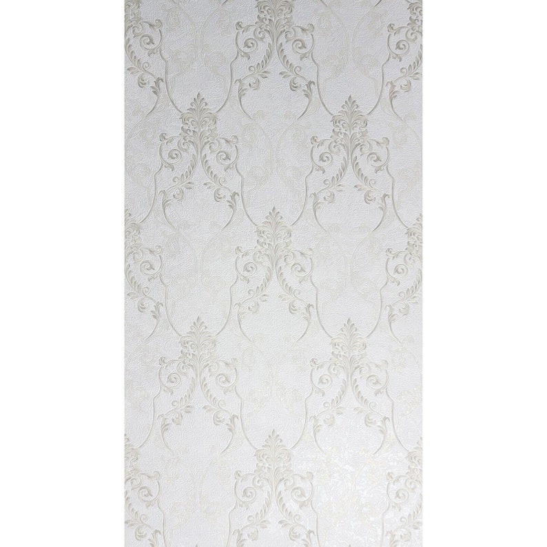 Ivory off White Brass Gold Metallic Victorian Damask Textured Wallpaper ...