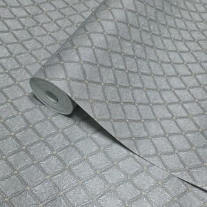 Embossed gray silver gold metallic faux fabric textured diamonds Wallpaper rolls