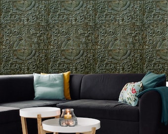 Olive green brown rusted reflection distressed antique tile scrollwork wallpaper