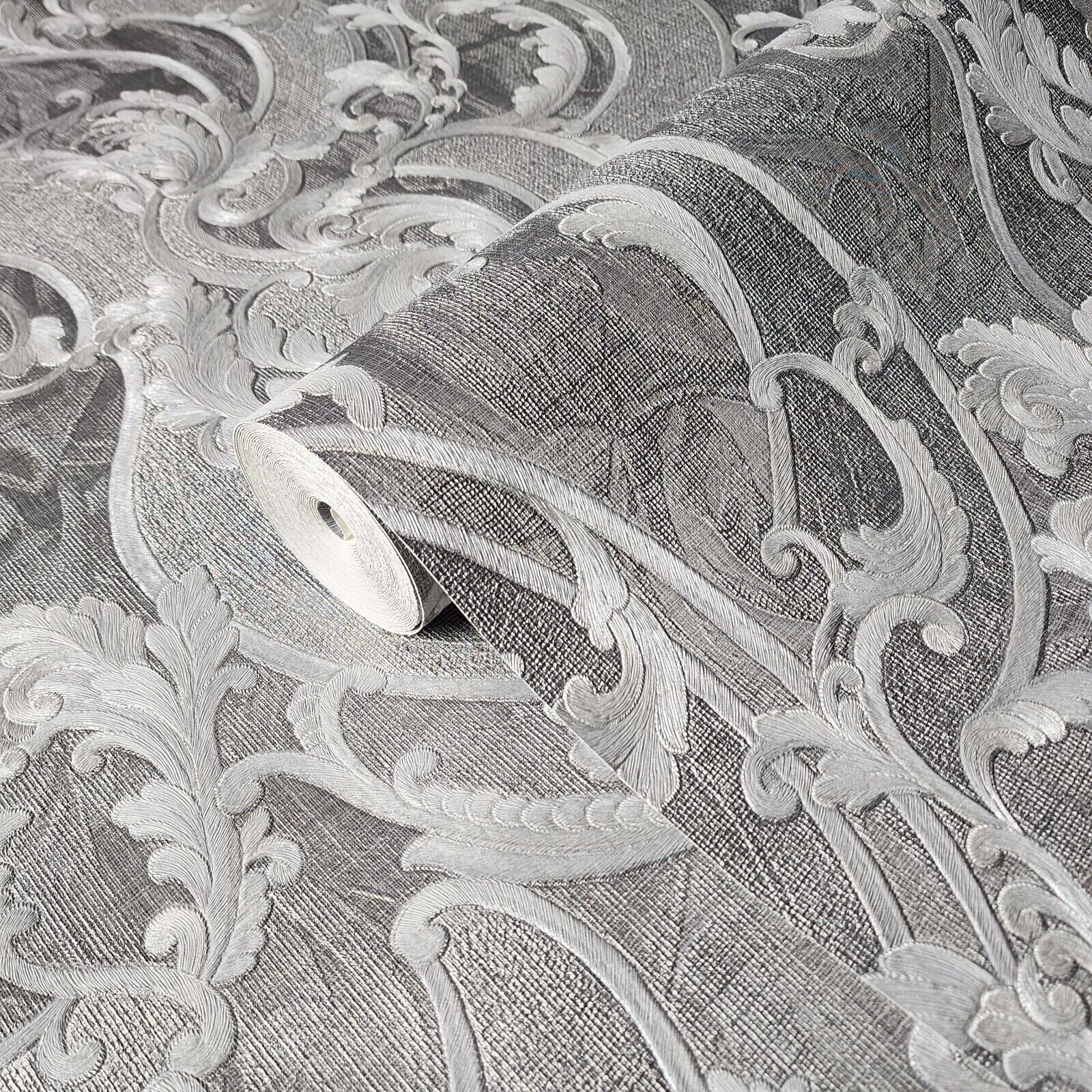 Victorian Wavy Damask Gray Silver Gold Metallic Textured Faux Fabric ...
