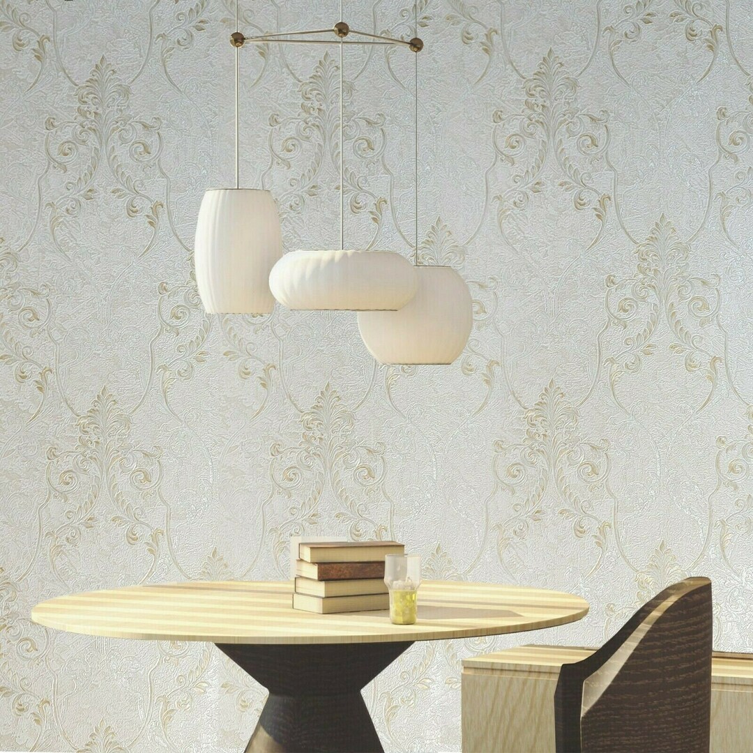 Ivory off White Gold Metallic Victorian Damask Faux Plaster Textured ...
