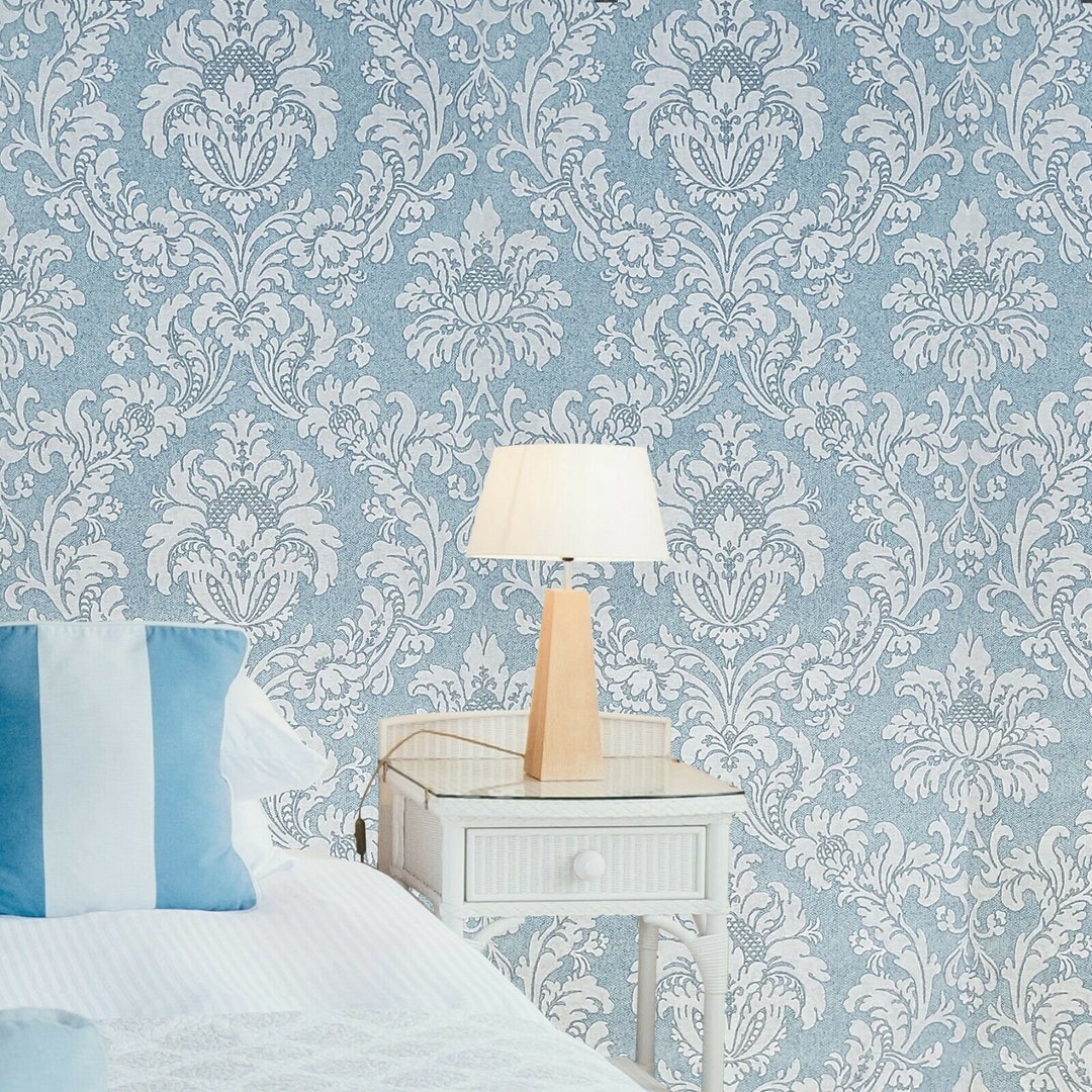 Blue White Textured Victorian Damask Wallpaper Faux Fabric Texture Wallcoverings Etsy
