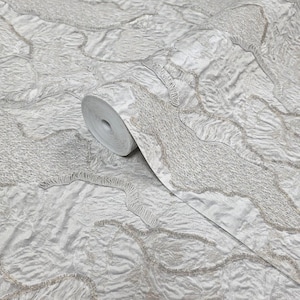 Embossed light gray tan brass gold heavy textured faux stitched fabric wallpaper