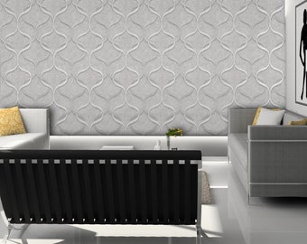 May include: A living room interior with a gray patterned wallpaper, a black leather couch, and a gray patterned sofa.
