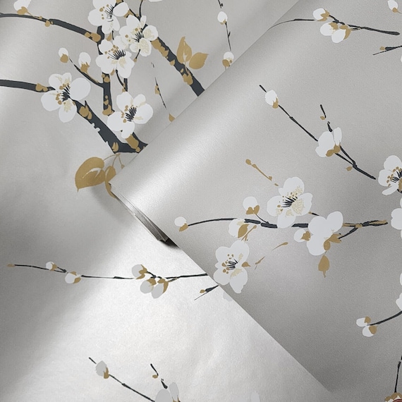 Monterey Silver Metallic Mist Floral Gray Trees Branches White