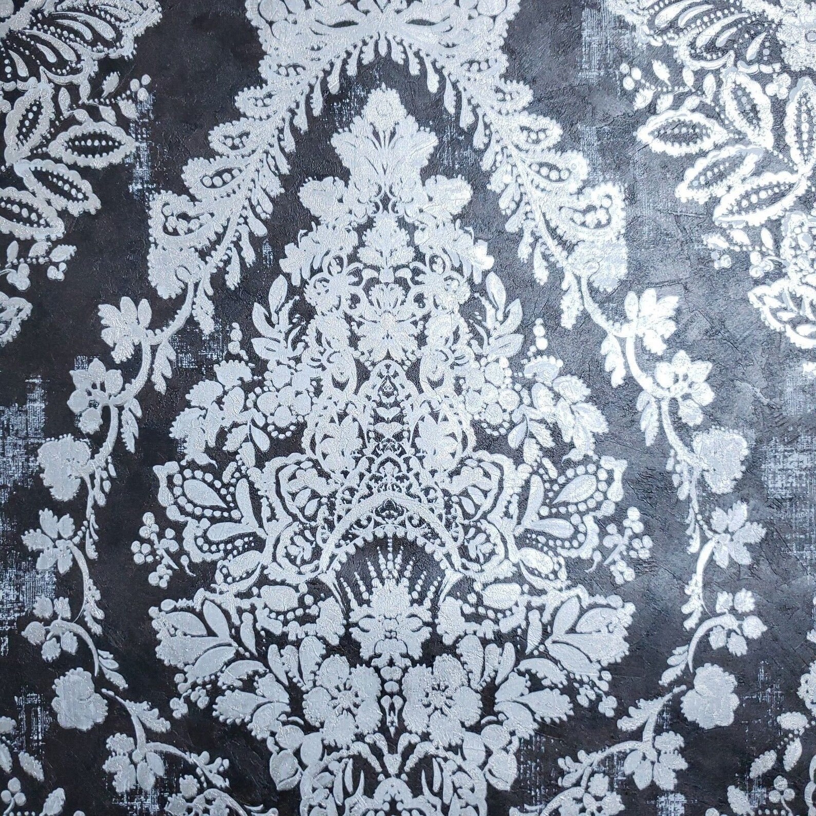 Textured Wallpaper Black Silver Metallic Rust Vintage Damask - Etsy