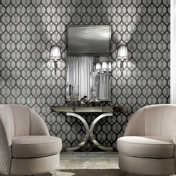 Ogee Black gray silver metallic diamonds textured lines Geometric Wallpaper 3D
