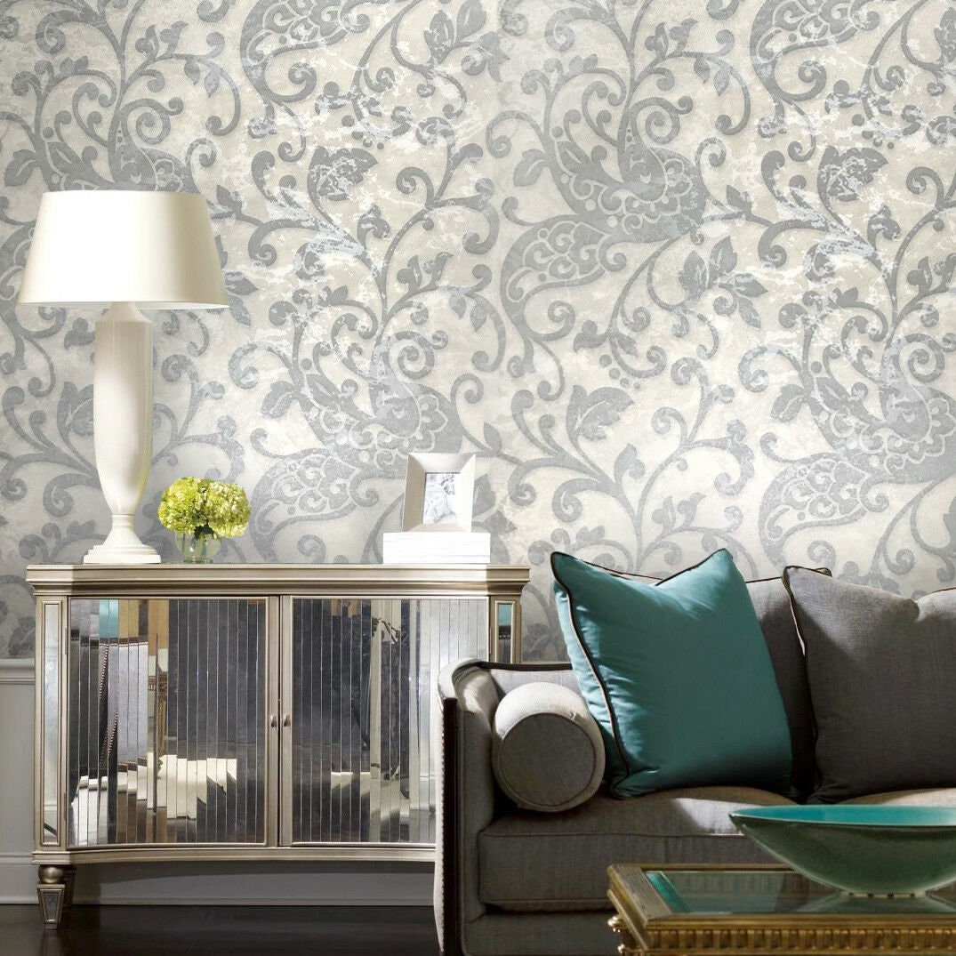 Wallpaper white ivory gray silver metallic textured rustic damask modern roll 3D
