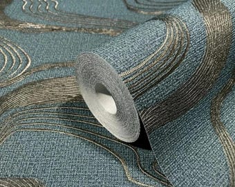 Teal blue bronze metallic wavy lines Faux fabric wave Textured modern Wallpaper