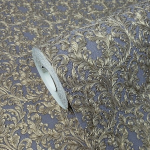 Wallpaper floral Victorian Vintage damask purple gold brass metallic Textured 3D