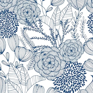 Navy Blue Botanical Floral Wallpaper