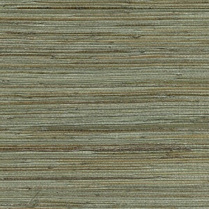 May include: A close-up of a woven wallcovering with a natural, earthy texture. The wallpaper is made of thin, horizontal strips of natural material in shades of brown, beige, and green.