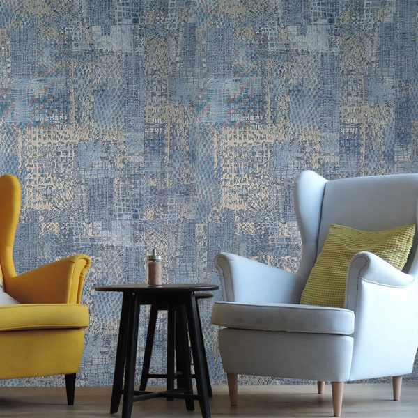 Abstract Modern Embossed blue gray gold metallic faux fabric textured wallpaper