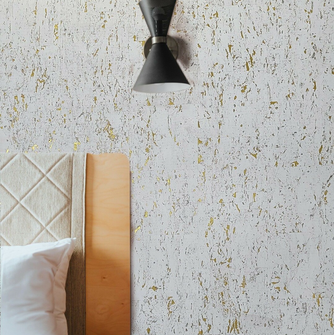 Real Natural Cork Wallpaper Wallcoverings White Gold Metallic Textured Covering Etsy