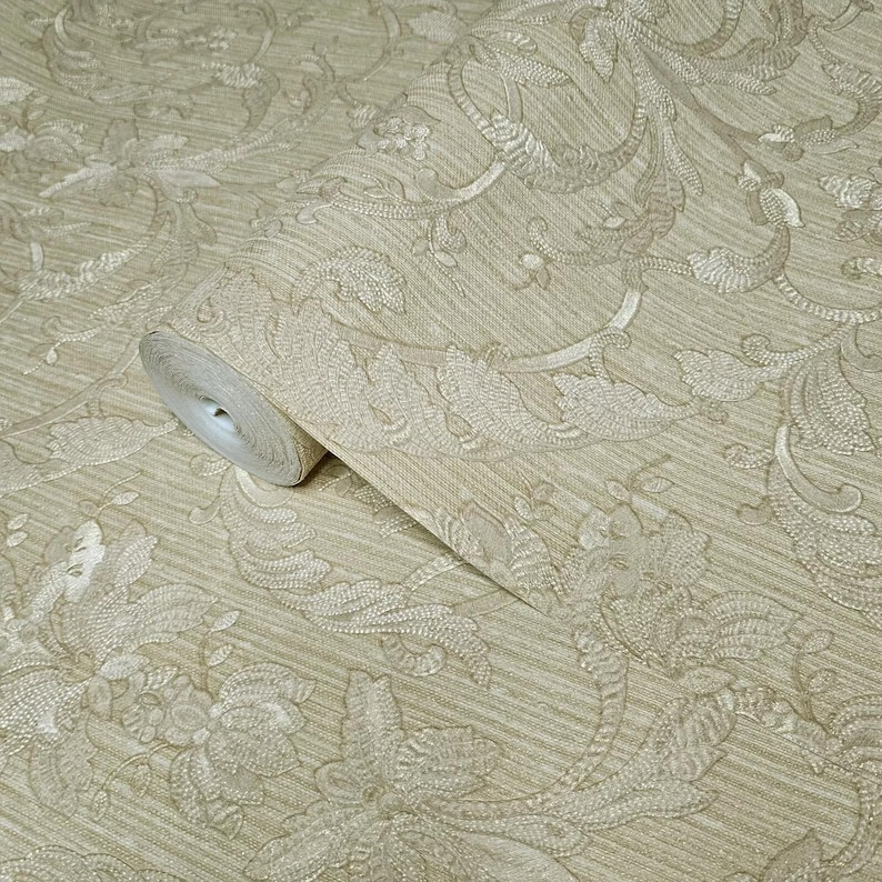 Buy Wheat Pancho Golden Tan Beige Victorian Damask Faux Fabric Textured