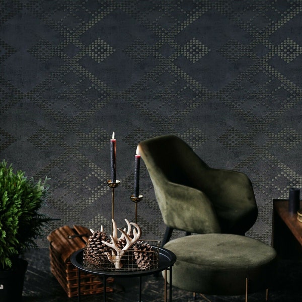 honeycomb dots Black Bronze Metallic textured square ornaments Wallpaper roll 3D